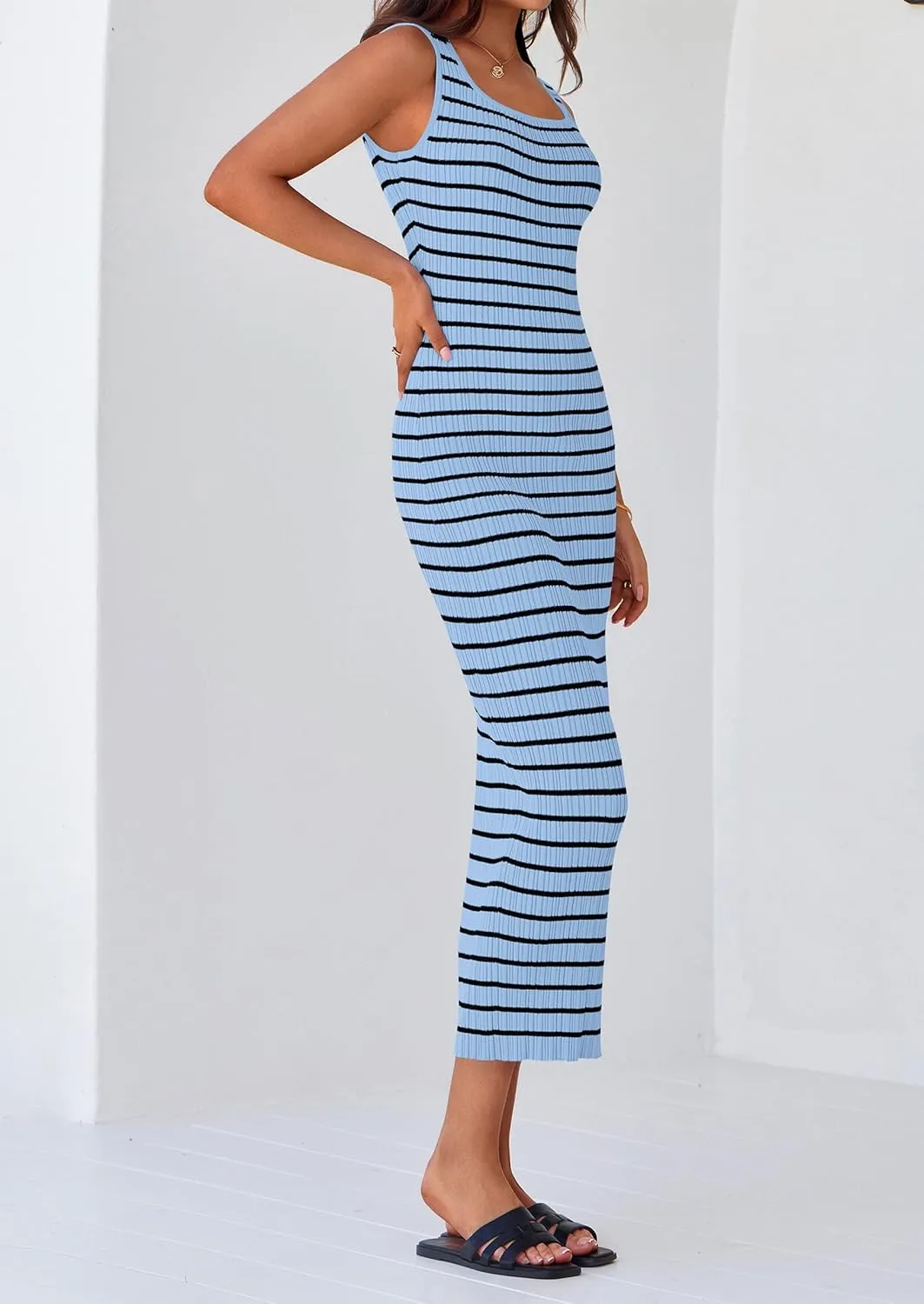 PRETTYGARDEN Beach Vacation Clothes for Women Summer 2025 Sleeveless Striped Ribbed Knit Bodycon Sundress Tank Dress