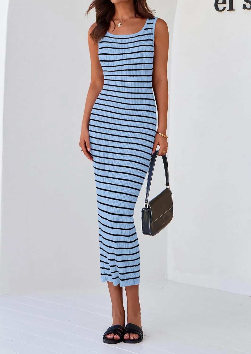 PRETTYGARDEN Beach Vacation Clothes for Women Summer 2025 Sleeveless Striped Ribbed Knit Bodycon Sundress Tank Dress
