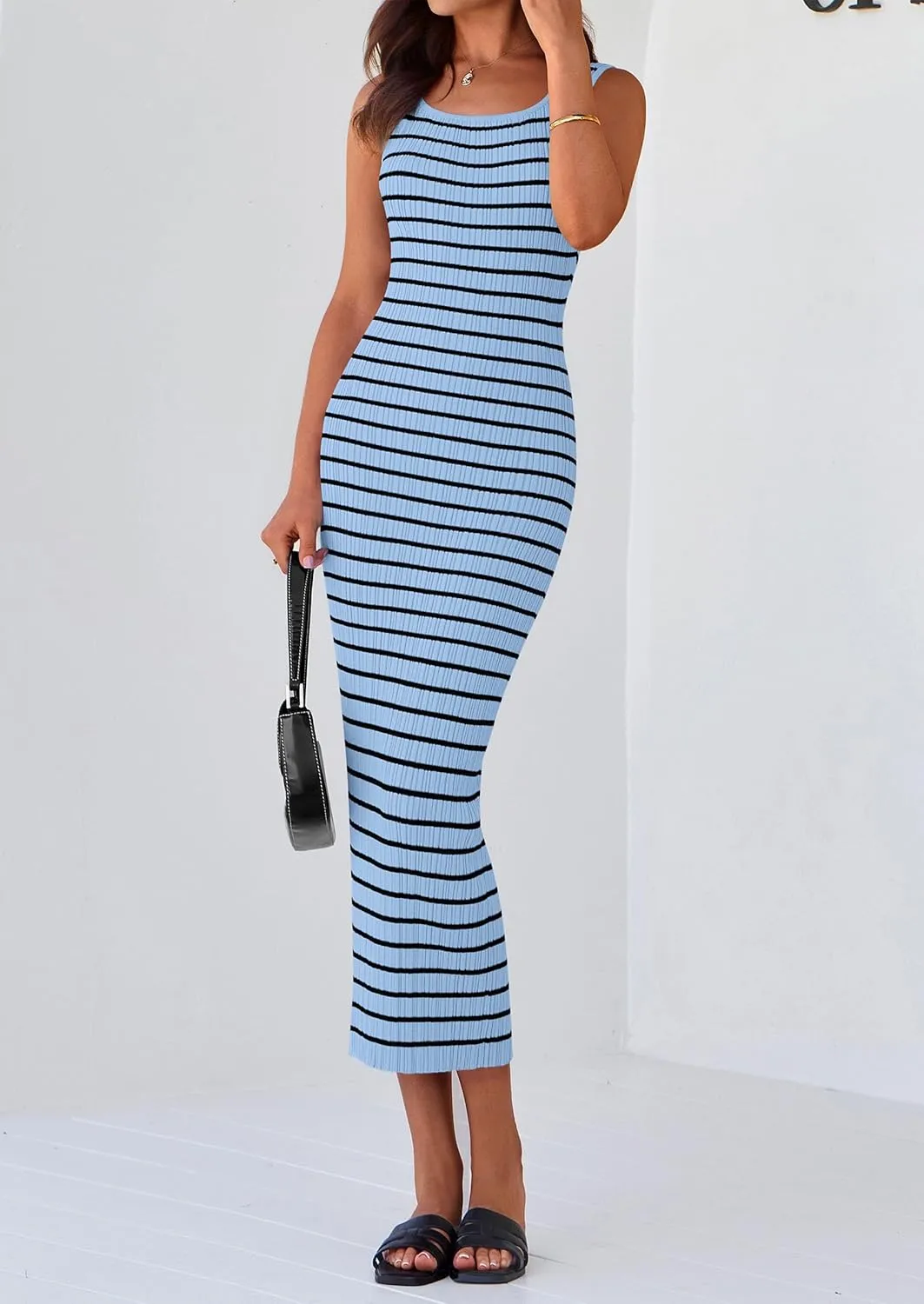 PRETTYGARDEN Beach Vacation Clothes for Women Summer 2025 Sleeveless Striped Ribbed Knit Bodycon Sundress Tank Dress