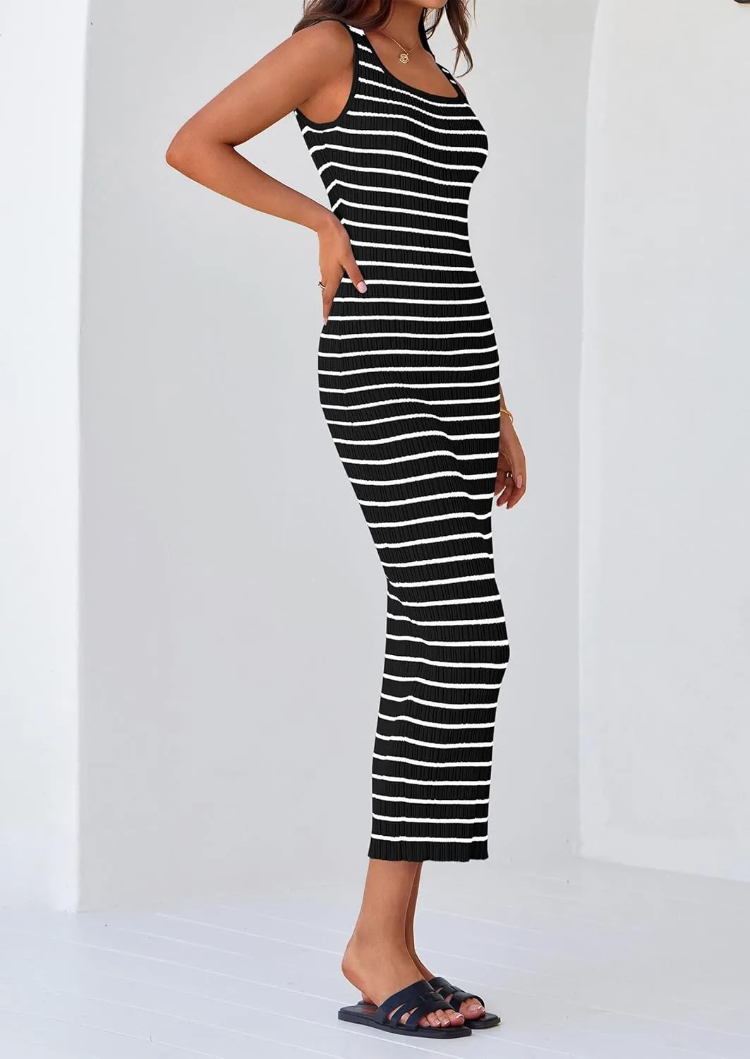 PRETTYGARDEN Beach Vacation Clothes for Women Summer 2025 Sleeveless Striped Ribbed Knit Bodycon Sundress Tank Dress