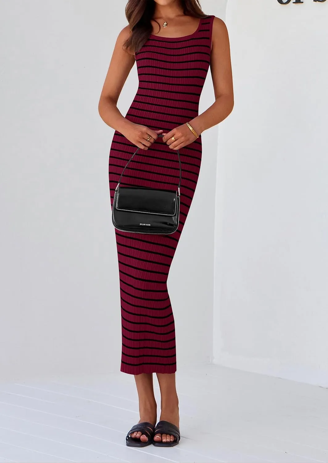 PRETTYGARDEN Beach Vacation Clothes for Women Summer 2025 Sleeveless Striped Ribbed Knit Bodycon Sundress Tank Dress
