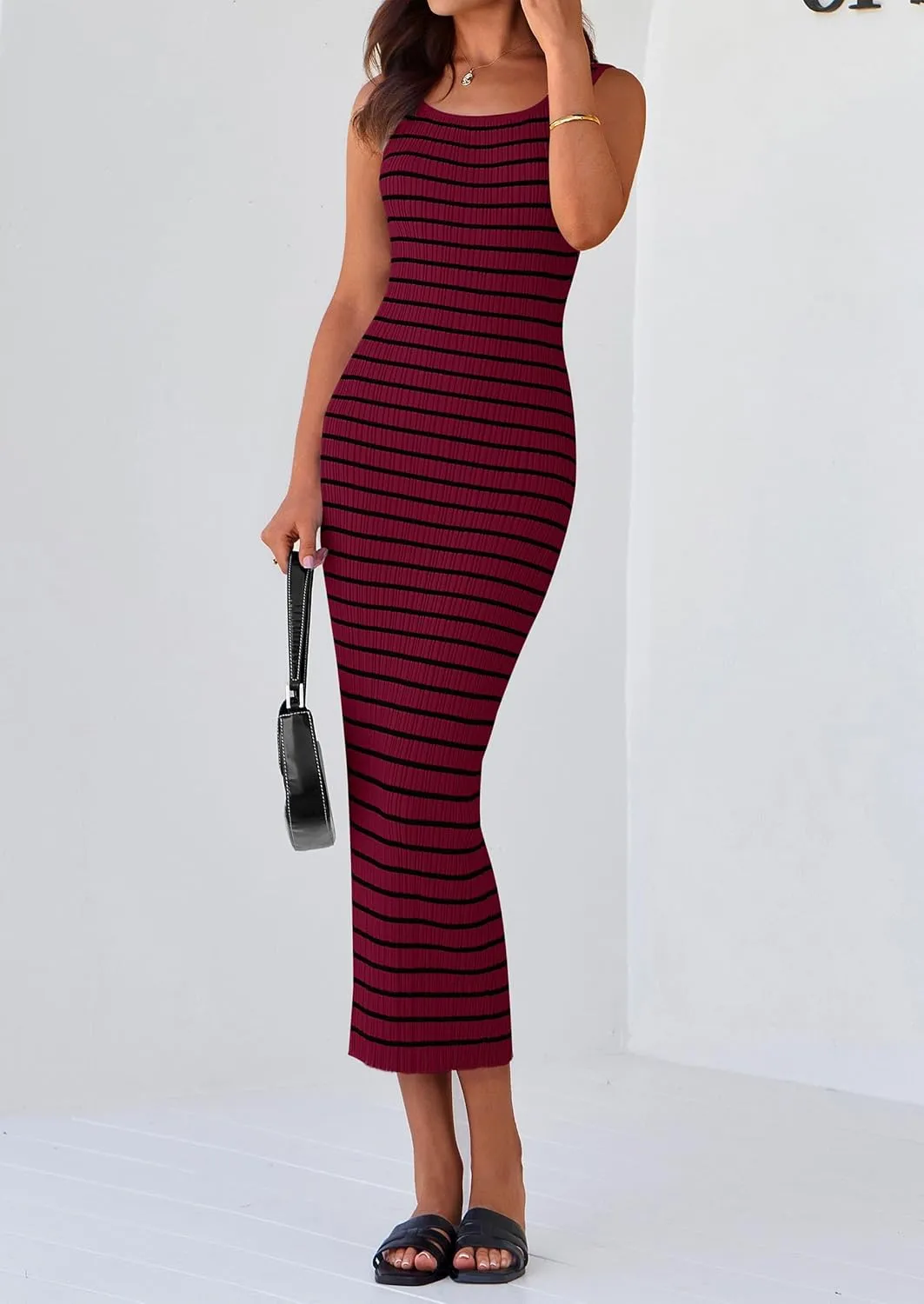 PRETTYGARDEN Beach Vacation Clothes for Women Summer 2025 Sleeveless Striped Ribbed Knit Bodycon Sundress Tank Dress