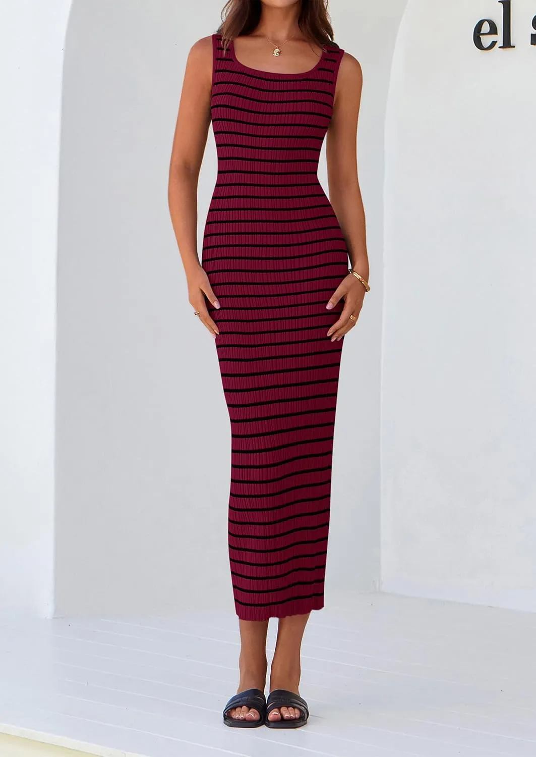 PRETTYGARDEN Beach Vacation Clothes for Women Summer 2025 Sleeveless Striped Ribbed Knit Bodycon Sundress Tank Dress