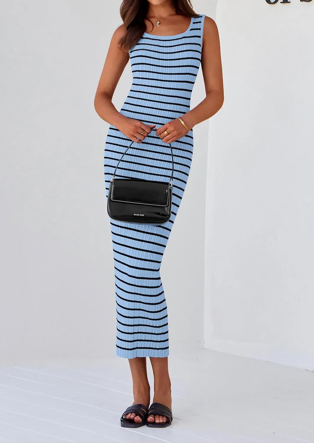 PRETTYGARDEN Beach Vacation Clothes for Women Summer 2025 Sleeveless Striped Ribbed Knit Bodycon Sundress Tank Dress