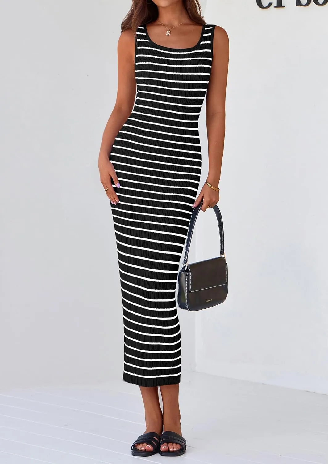 PRETTYGARDEN Beach Vacation Clothes for Women Summer 2025 Sleeveless Striped Ribbed Knit Bodycon Sundress Tank Dress