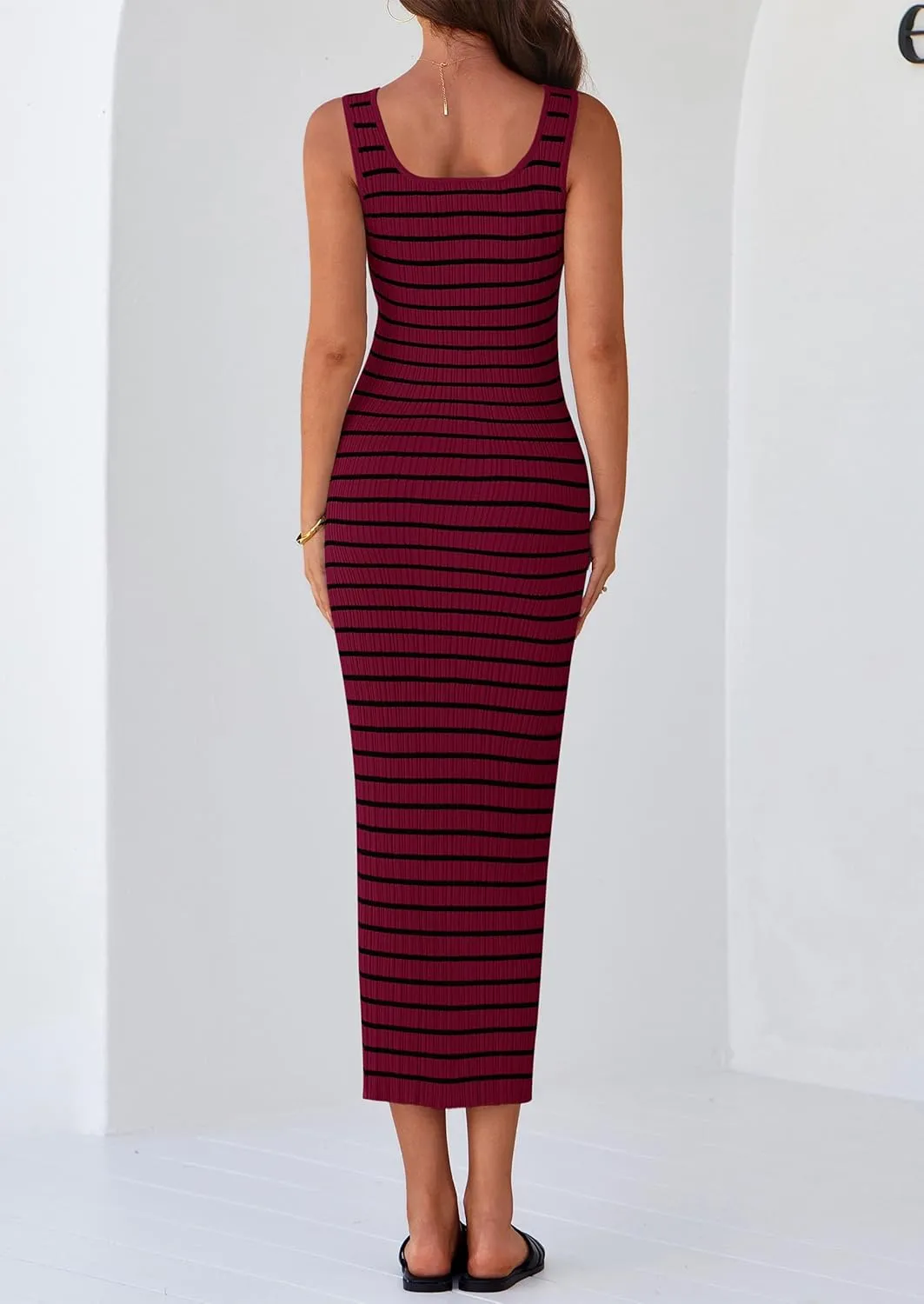 PRETTYGARDEN Beach Vacation Clothes for Women Summer 2025 Sleeveless Striped Ribbed Knit Bodycon Sundress Tank Dress