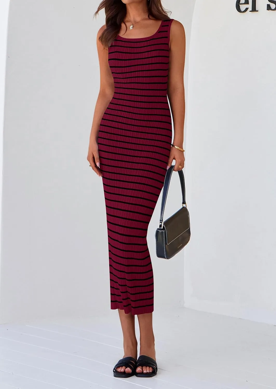 PRETTYGARDEN Beach Vacation Clothes for Women Summer 2025 Sleeveless Striped Ribbed Knit Bodycon Sundress Tank Dress
