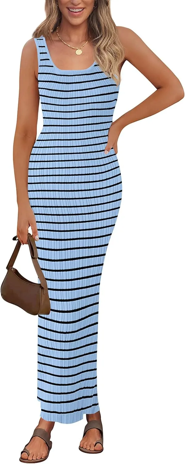 PRETTYGARDEN Beach Vacation Clothes for Women Summer 2025 Sleeveless Striped Ribbed Knit Bodycon Sundress Tank Dress