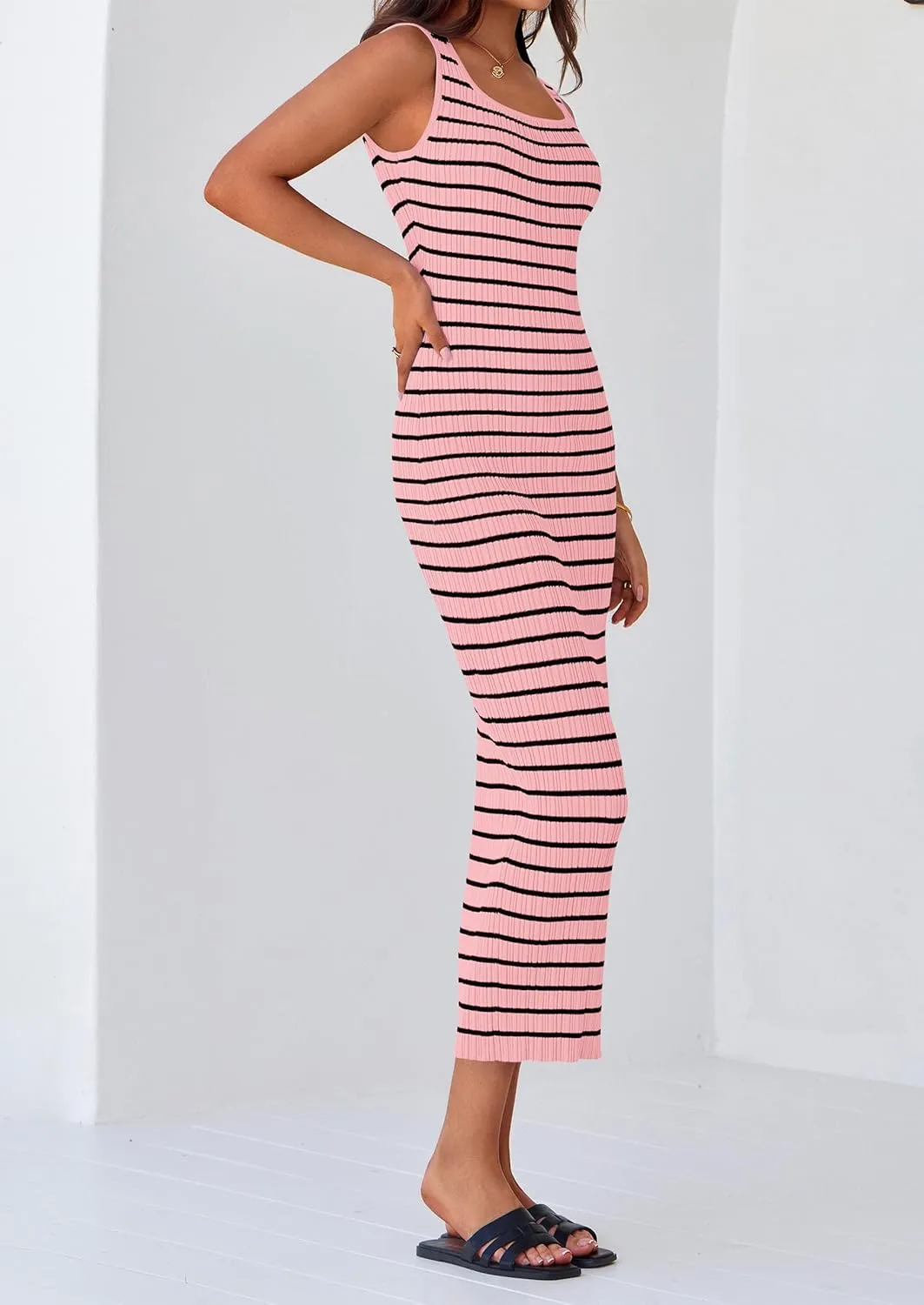 PRETTYGARDEN Beach Vacation Clothes for Women Summer 2025 Sleeveless Striped Ribbed Knit Bodycon Sundress Tank Dress