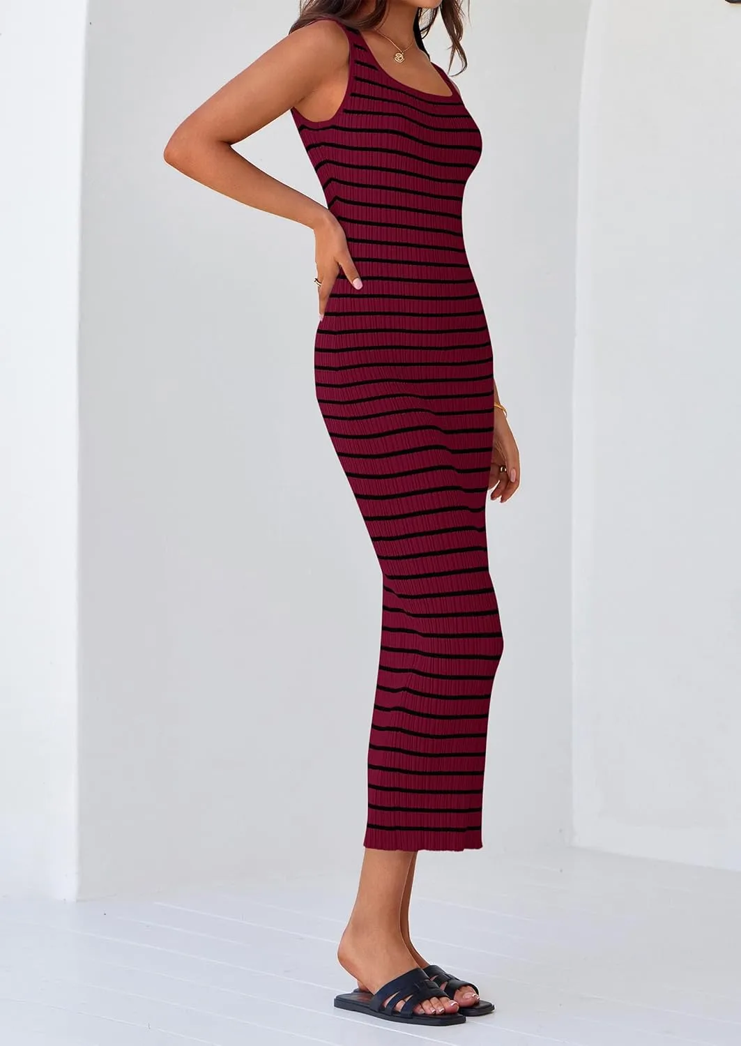 PRETTYGARDEN Beach Vacation Clothes for Women Summer 2025 Sleeveless Striped Ribbed Knit Bodycon Sundress Tank Dress