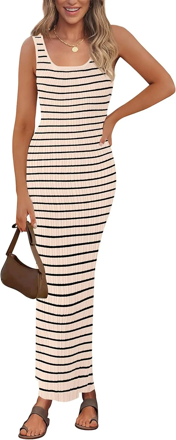 PRETTYGARDEN Beach Vacation Clothes for Women Summer 2025 Sleeveless Striped Ribbed Knit Bodycon Sundress Tank Dress