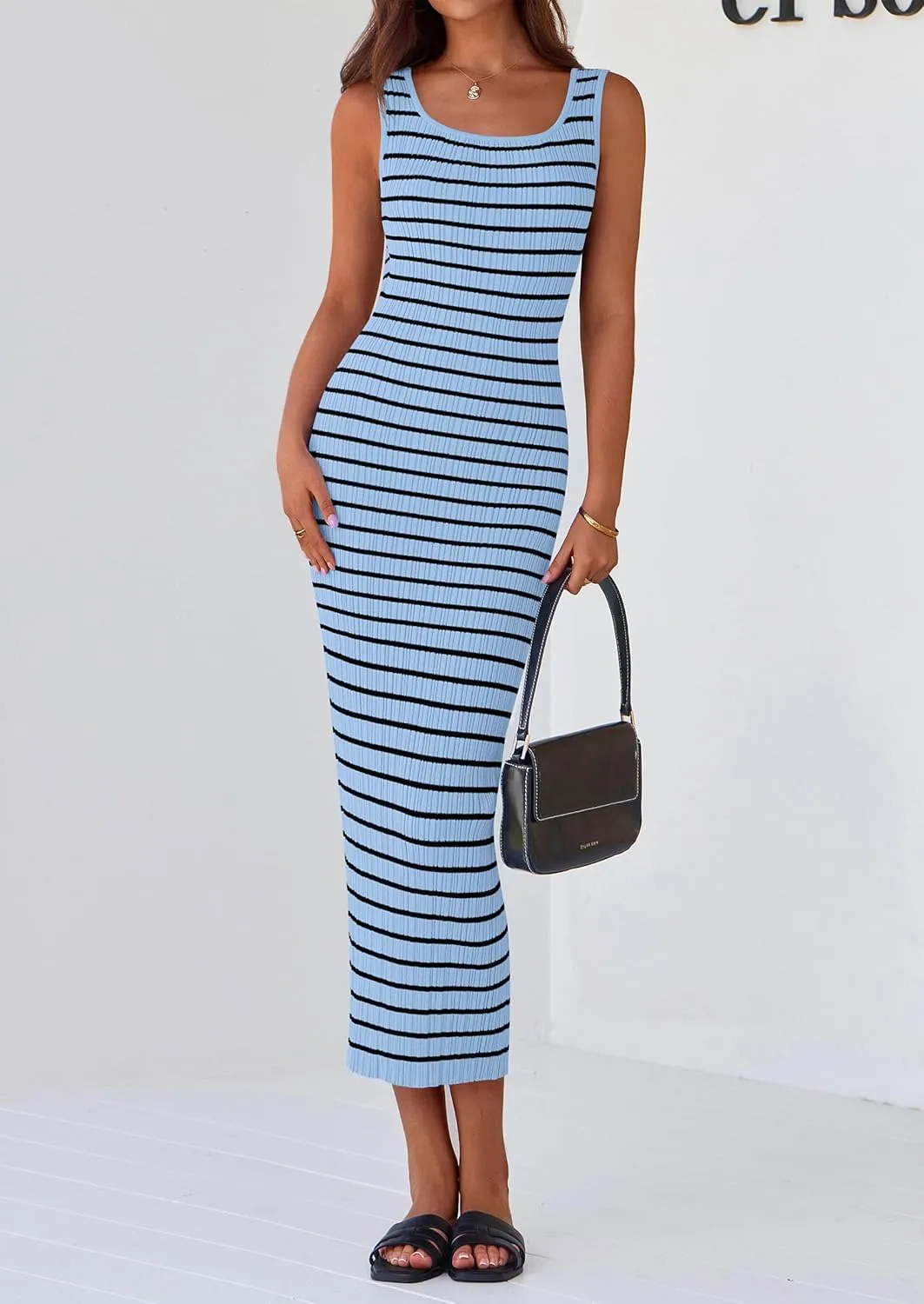 PRETTYGARDEN Beach Vacation Clothes for Women Summer 2025 Sleeveless Striped Ribbed Knit Bodycon Sundress Tank Dress