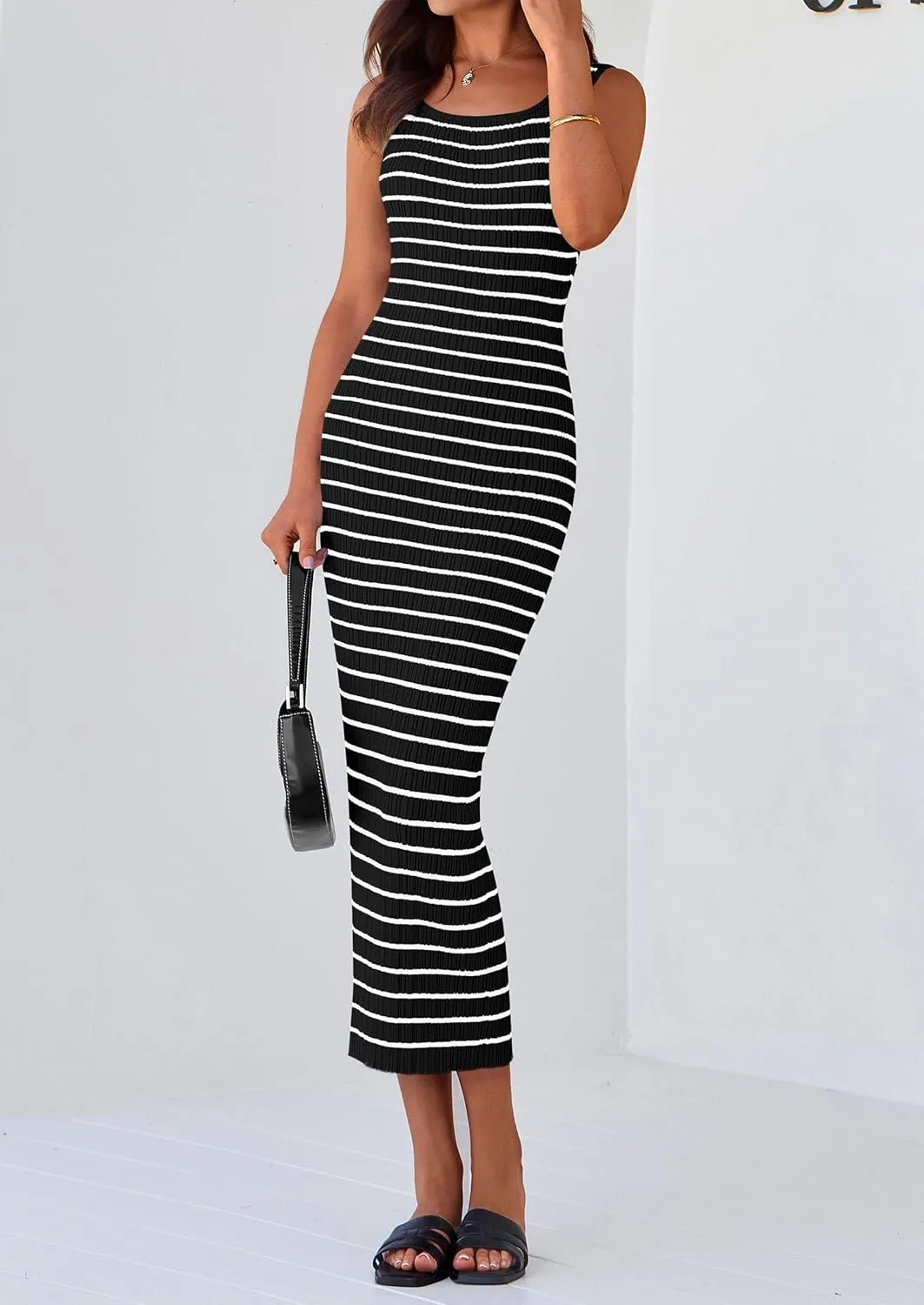 PRETTYGARDEN Beach Vacation Clothes for Women Summer 2025 Sleeveless Striped Ribbed Knit Bodycon Sundress Tank Dress