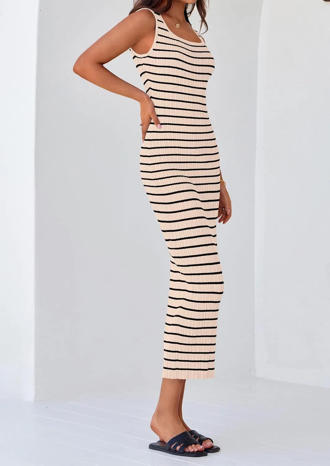 PRETTYGARDEN Beach Vacation Clothes for Women Summer 2025 Sleeveless Striped Ribbed Knit Bodycon Sundress Tank Dress