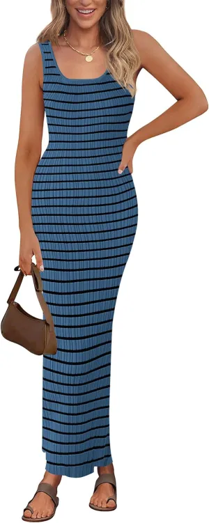 PRETTYGARDEN Beach Vacation Clothes for Women Summer 2025 Sleeveless Striped Ribbed Knit Bodycon Sundress Tank Dress