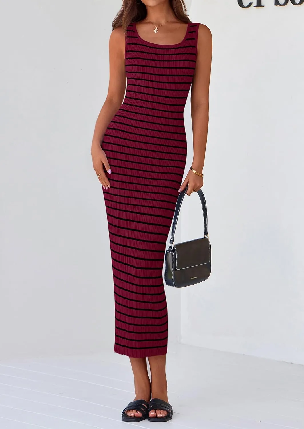 PRETTYGARDEN Beach Vacation Clothes for Women Summer 2025 Sleeveless Striped Ribbed Knit Bodycon Sundress Tank Dress