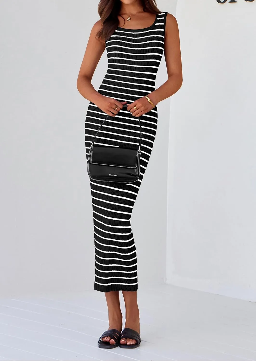 PRETTYGARDEN Beach Vacation Clothes for Women Summer 2025 Sleeveless Striped Ribbed Knit Bodycon Sundress Tank Dress