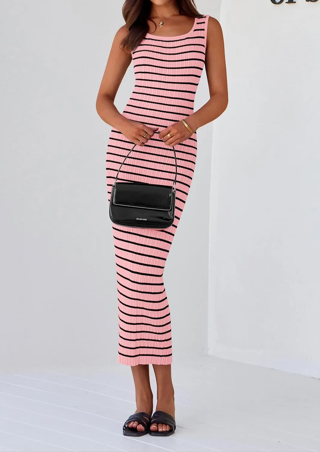 PRETTYGARDEN Beach Vacation Clothes for Women Summer 2025 Sleeveless Striped Ribbed Knit Bodycon Sundress Tank Dress