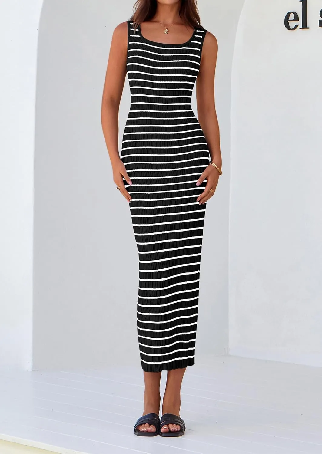PRETTYGARDEN Beach Vacation Clothes for Women Summer 2025 Sleeveless Striped Ribbed Knit Bodycon Sundress Tank Dress