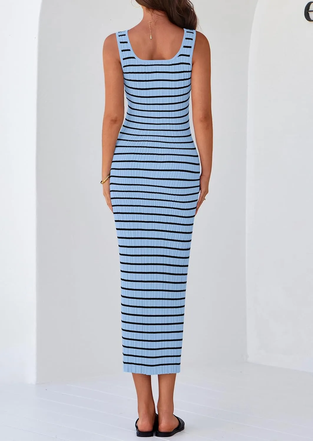PRETTYGARDEN Beach Vacation Clothes for Women Summer 2025 Sleeveless Striped Ribbed Knit Bodycon Sundress Tank Dress