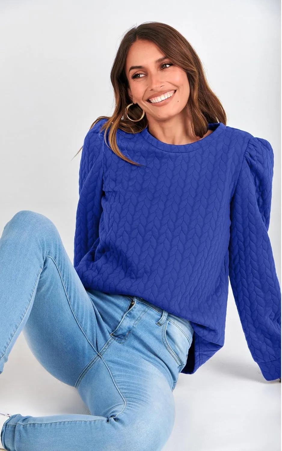 PRETTYGARDEN Women's Puff Sleeve Sweatshirts 2024 Fall Fashion Casual Crewneck Solid Twist Texture Pullover Tops