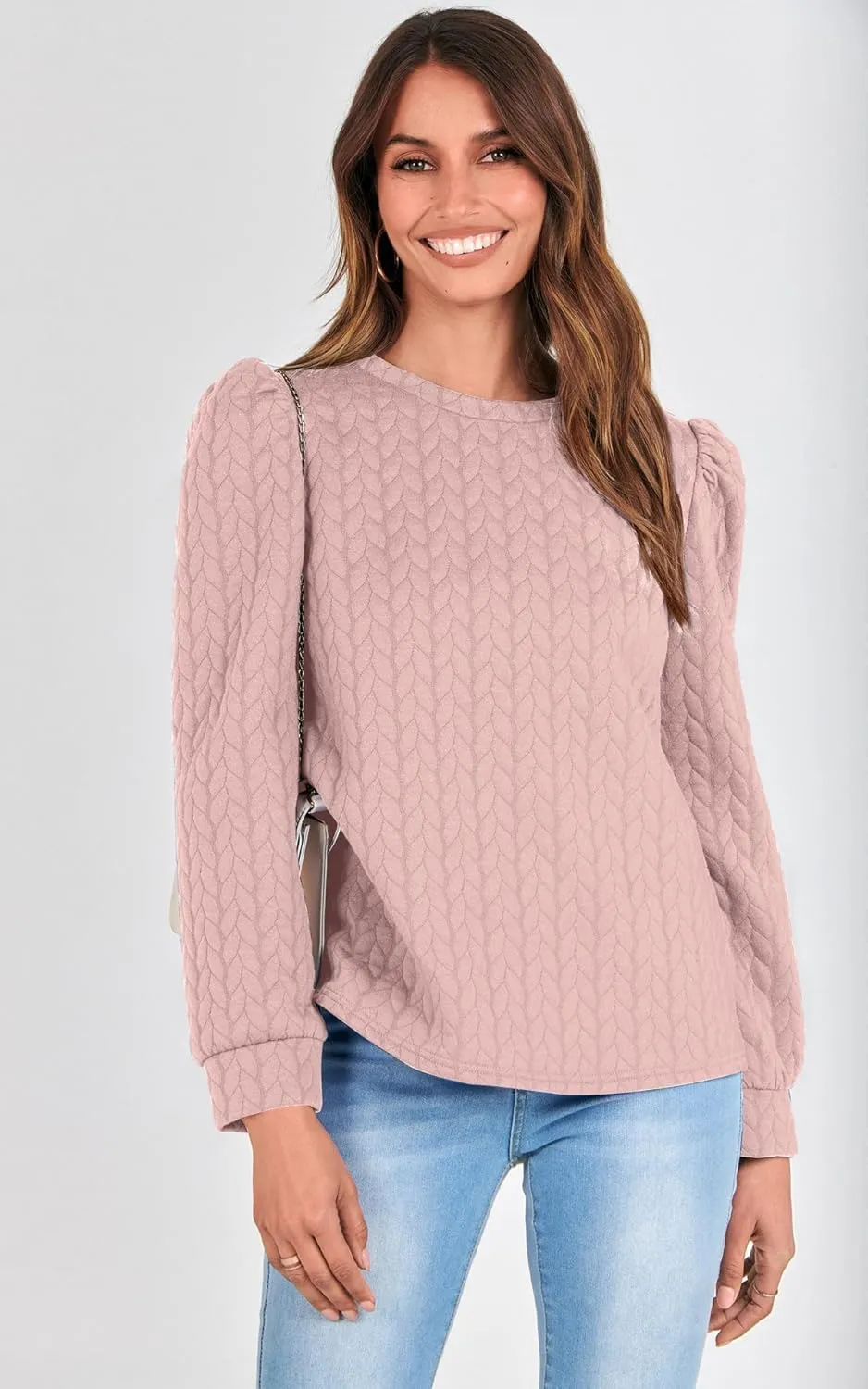 PRETTYGARDEN Women's Puff Sleeve Sweatshirts 2024 Fall Fashion Casual Crewneck Solid Twist Texture Pullover Tops