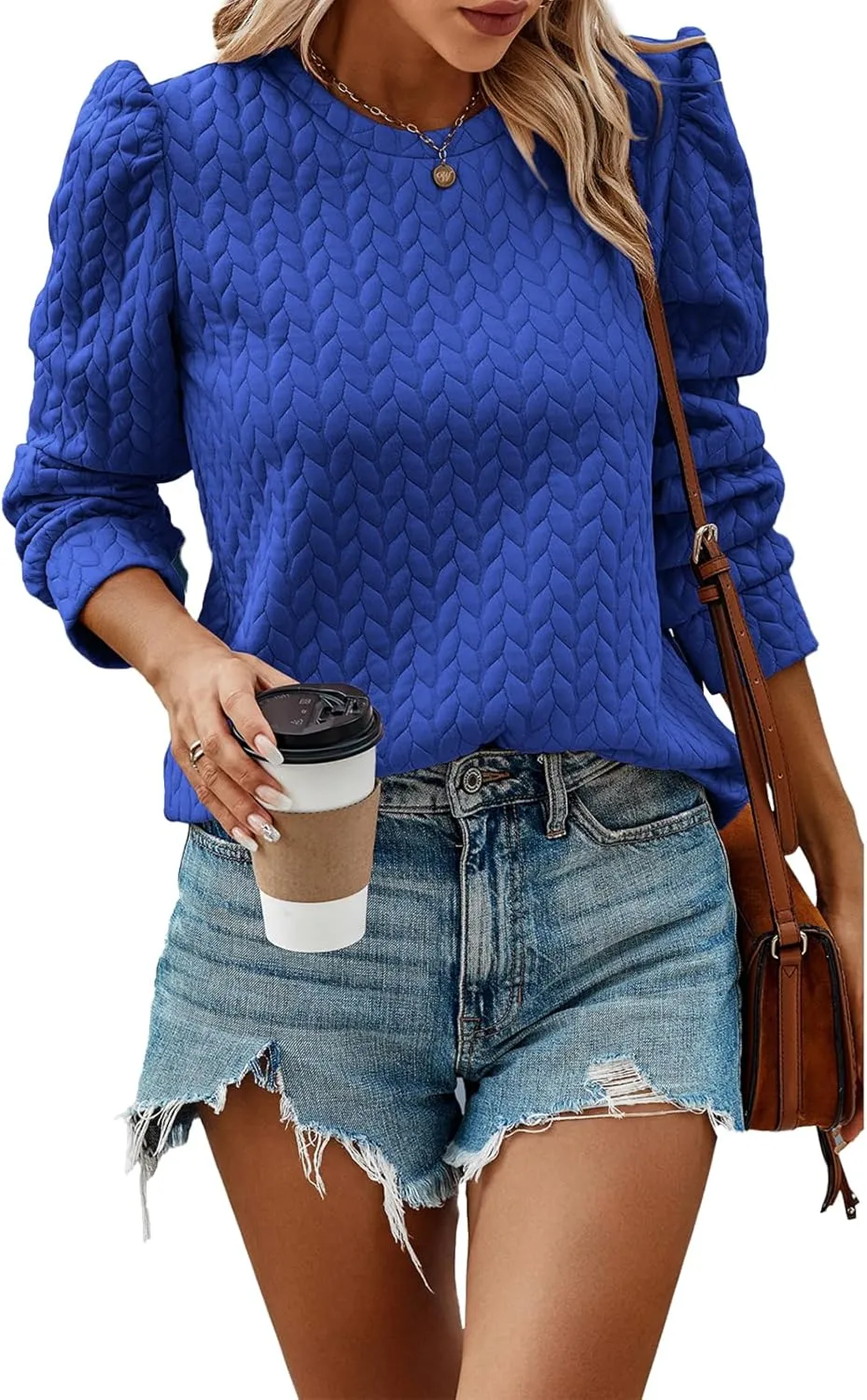 PRETTYGARDEN Women's Puff Sleeve Sweatshirts 2024 Fall Fashion Casual Crewneck Solid Twist Texture Pullover Tops