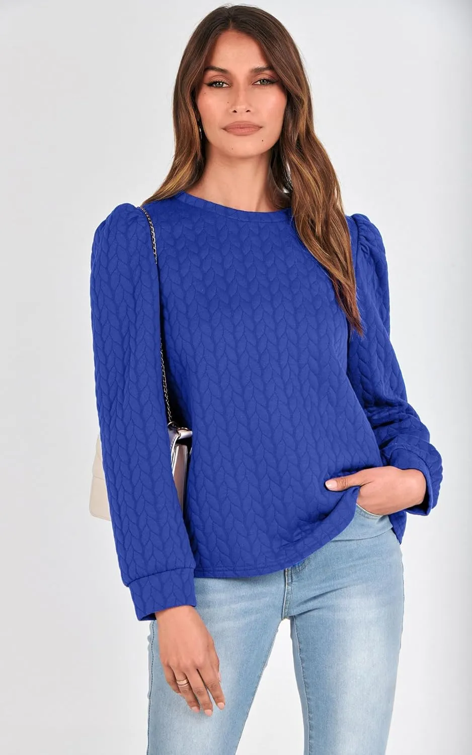 PRETTYGARDEN Women's Puff Sleeve Sweatshirts 2024 Fall Fashion Casual Crewneck Solid Twist Texture Pullover Tops