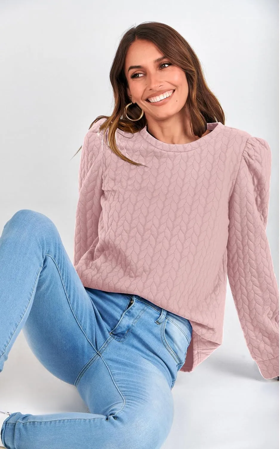 PRETTYGARDEN Women's Puff Sleeve Sweatshirts 2024 Fall Fashion Casual Crewneck Solid Twist Texture Pullover Tops