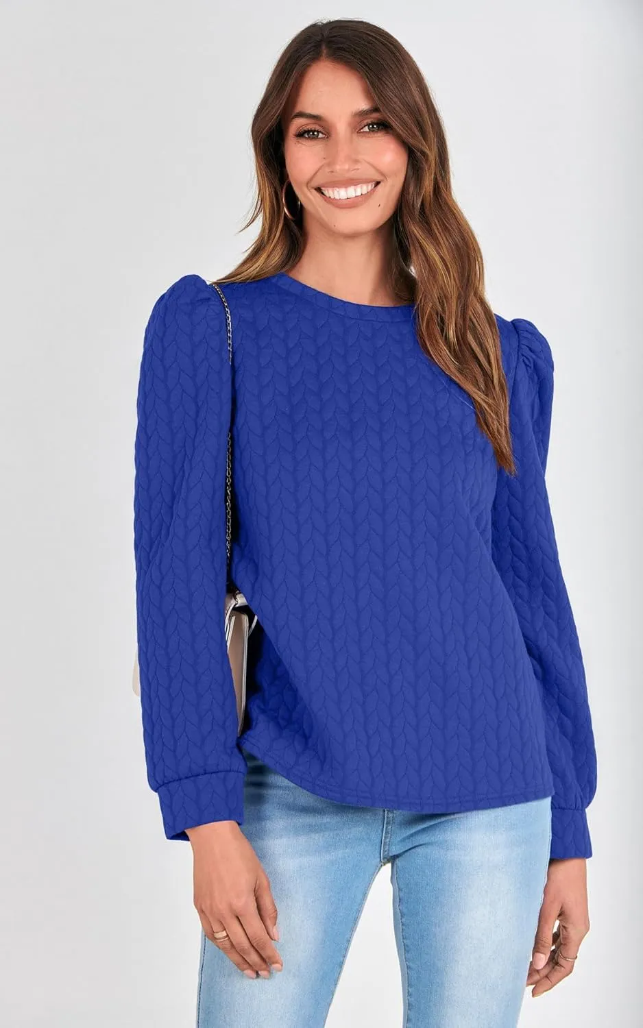 PRETTYGARDEN Women's Puff Sleeve Sweatshirts 2024 Fall Fashion Casual Crewneck Solid Twist Texture Pullover Tops