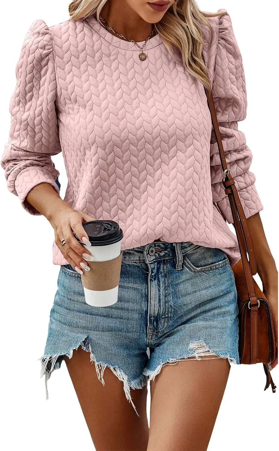 PRETTYGARDEN Women's Puff Sleeve Sweatshirts 2024 Fall Fashion Casual Crewneck Solid Twist Texture Pullover Tops