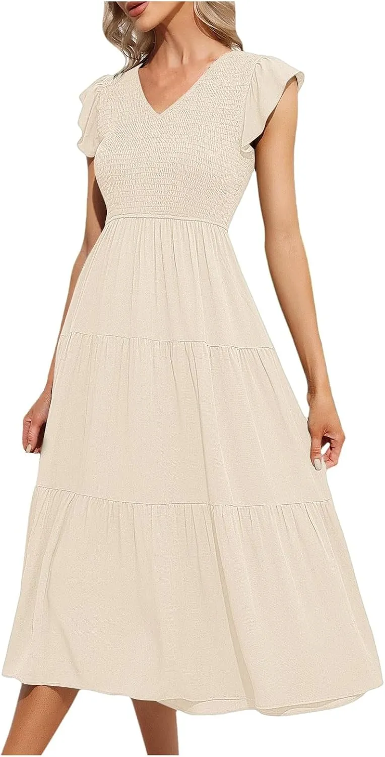 PTOLOCIF Flowy Dresses for Women, 2024 Summer Casual Boho Dresses Flutter Short Sleeve Crewneck Loose Tiered Beach Maxi Dress