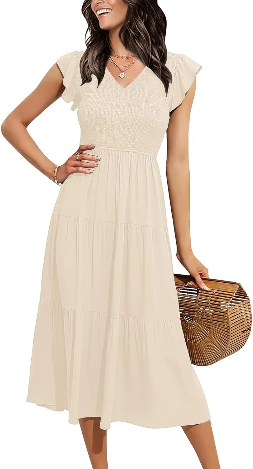 PTOLOCIF Flowy Dresses for Women, 2024 Summer Casual Boho Dresses Flutter Short Sleeve Crewneck Loose Tiered Beach Maxi Dress