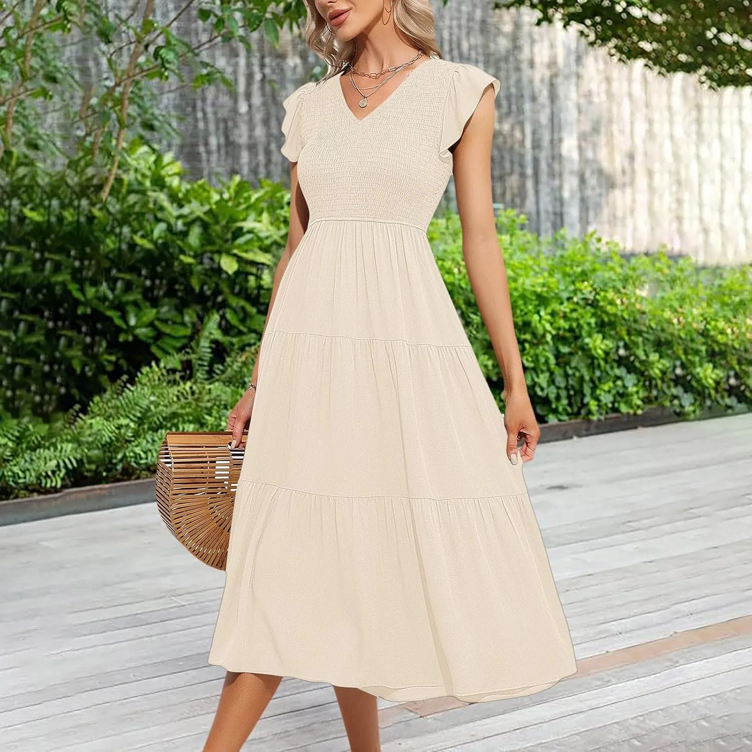 PTOLOCIF Flowy Dresses for Women, 2024 Summer Casual Boho Dresses Flutter Short Sleeve Crewneck Loose Tiered Beach Maxi Dress