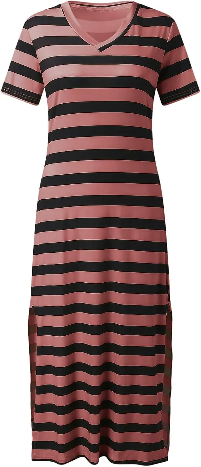 PTOLOCIF Summer Dress for Womens Fashion Short Sleeve Maxi Dress Casual Striped T Shirt Dress Long Color Block Maxi Dress