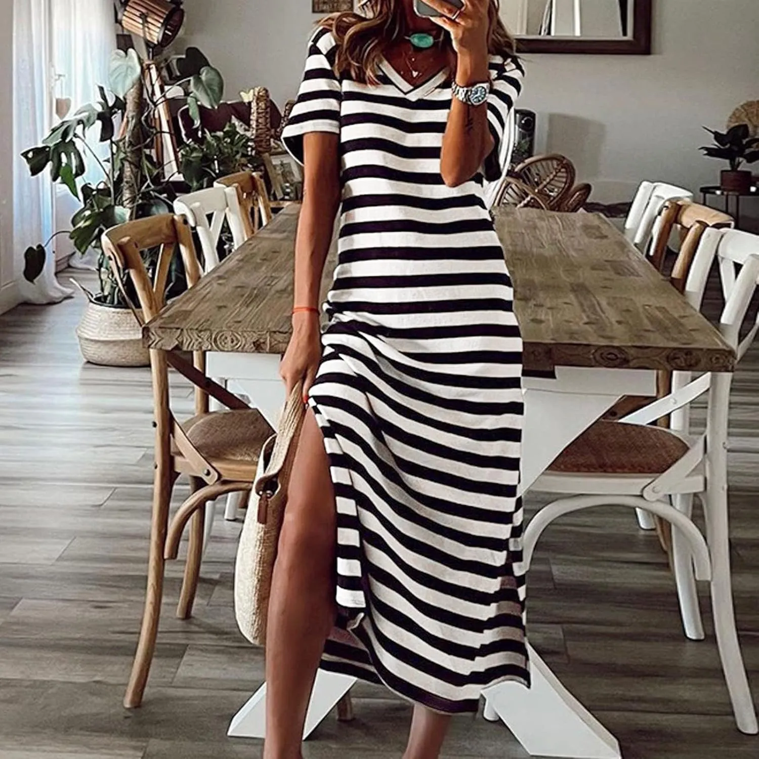 PTOLOCIF Summer Dress for Womens Fashion Short Sleeve Maxi Dress Casual Striped T Shirt Dress Long Color Block Maxi Dress