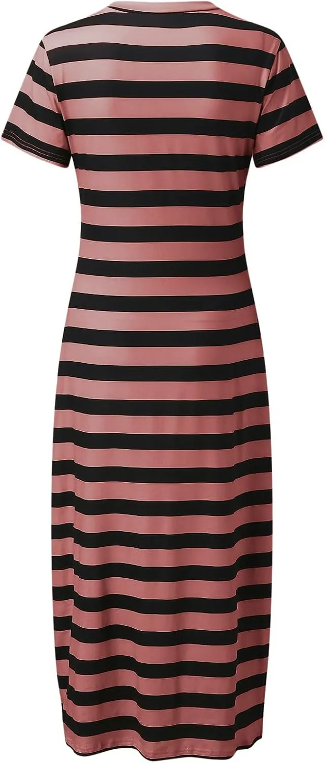 PTOLOCIF Summer Dress for Womens Fashion Short Sleeve Maxi Dress Casual Striped T Shirt Dress Long Color Block Maxi Dress