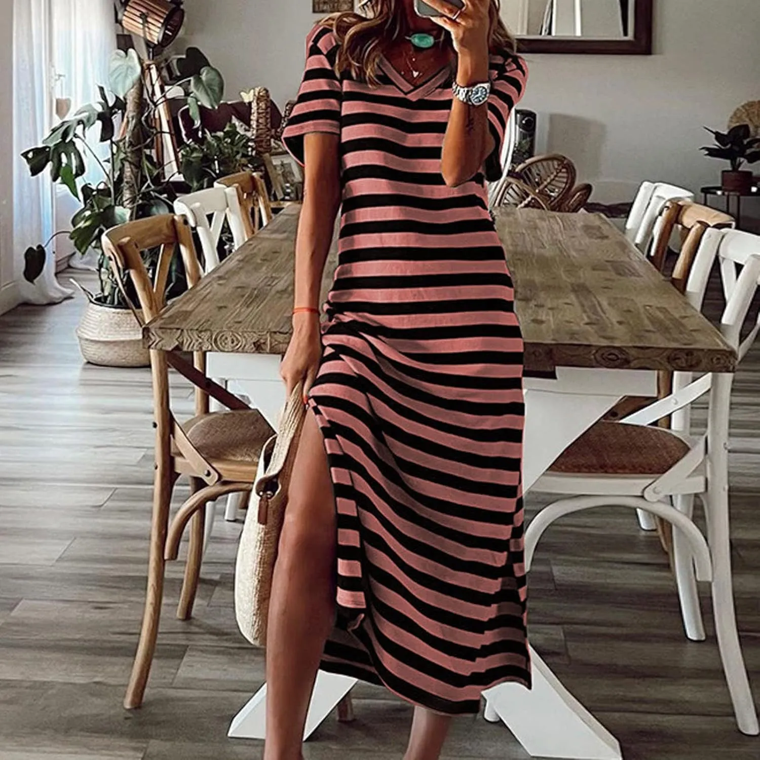 PTOLOCIF Summer Dress for Womens Fashion Short Sleeve Maxi Dress Casual Striped T Shirt Dress Long Color Block Maxi Dress