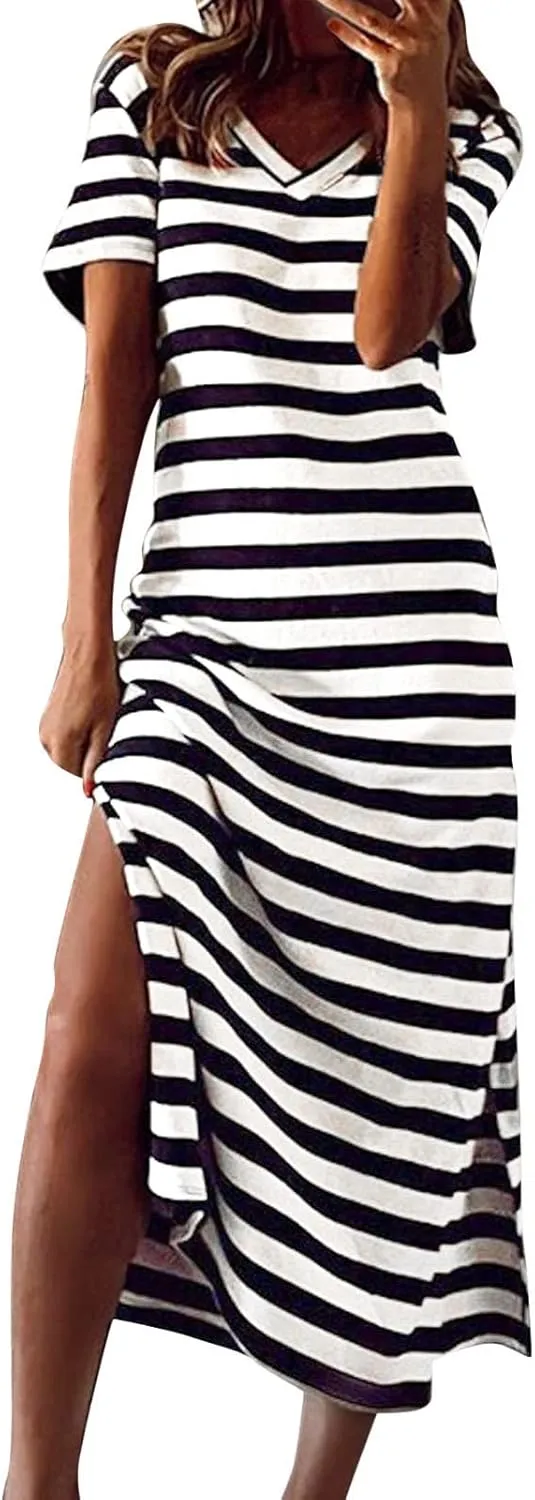 PTOLOCIF Summer Dress for Womens Fashion Short Sleeve Maxi Dress Casual Striped T Shirt Dress Long Color Block Maxi Dress