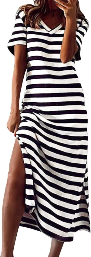PTOLOCIF Summer Dress for Womens Fashion Short Sleeve Maxi Dress Casual Striped T Shirt Dress Long Color Block Maxi Dress