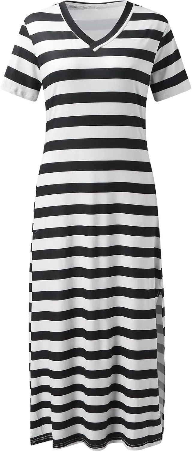 PTOLOCIF Summer Dress for Womens Fashion Short Sleeve Maxi Dress Casual Striped T Shirt Dress Long Color Block Maxi Dress