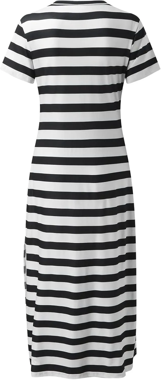 PTOLOCIF Summer Dress for Womens Fashion Short Sleeve Maxi Dress Casual Striped T Shirt Dress Long Color Block Maxi Dress