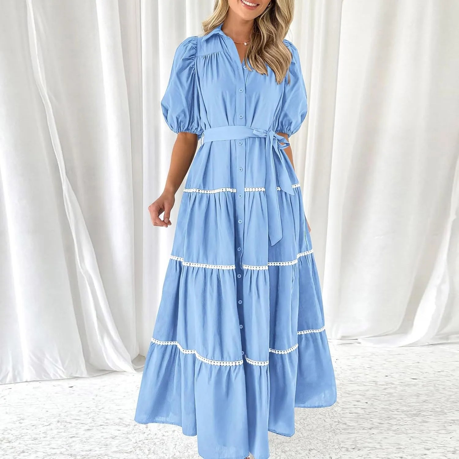 PTOLOCIF Women's Summer Button Up Short Sleeve Layered Pleated Flowing Long Skirt Formal Midi Dress with Sleeves