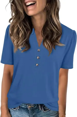 Puff Sleeve Tops for Women Summer Solid/Floral Printed Button V Neck Short Sleeve Top Casual Loose Going Out Blouse