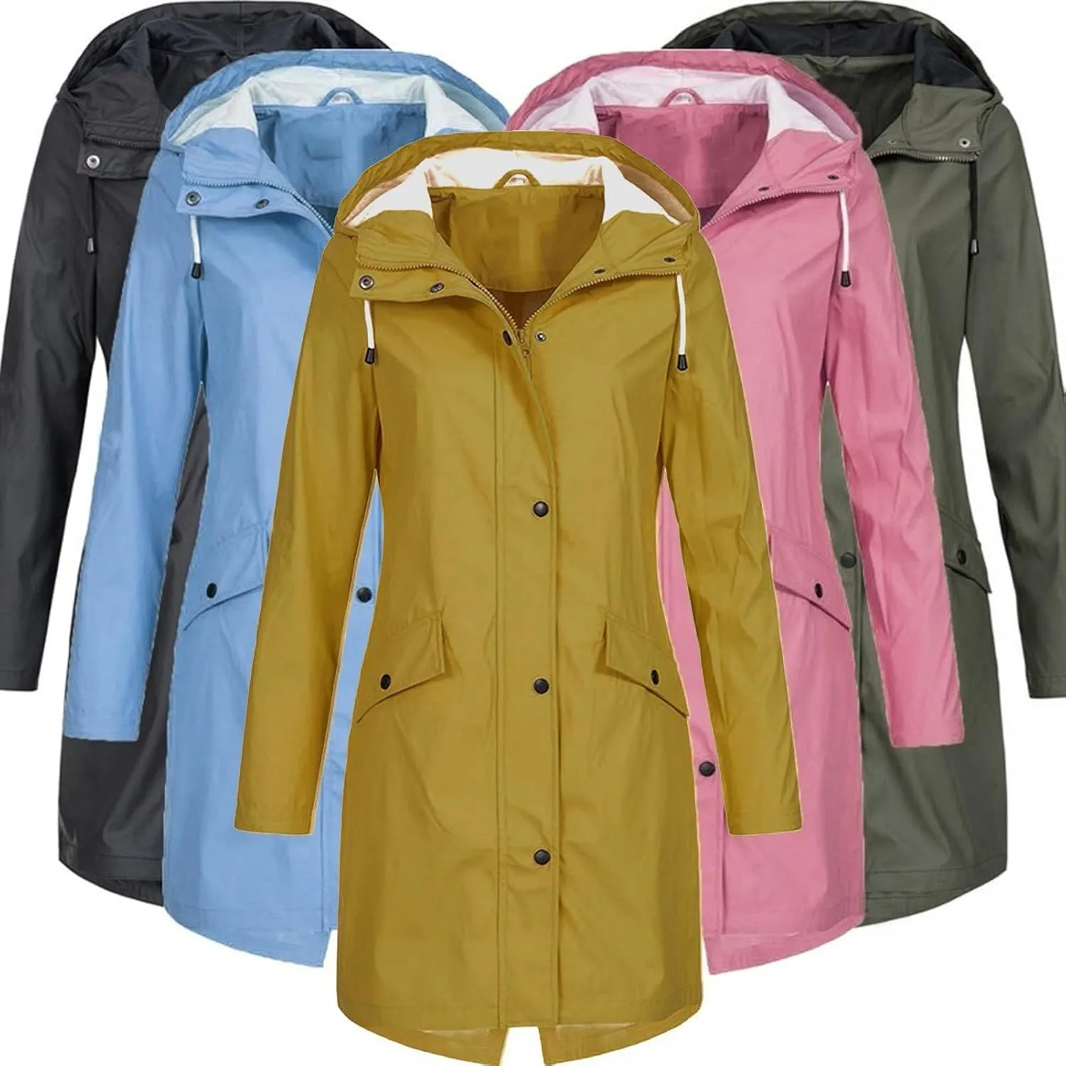 Rain Coat for Women Waterproof Windproof Rain Jacket Casual Lightweight Hooded Raincoat Drawstring Windbreaker, Black
