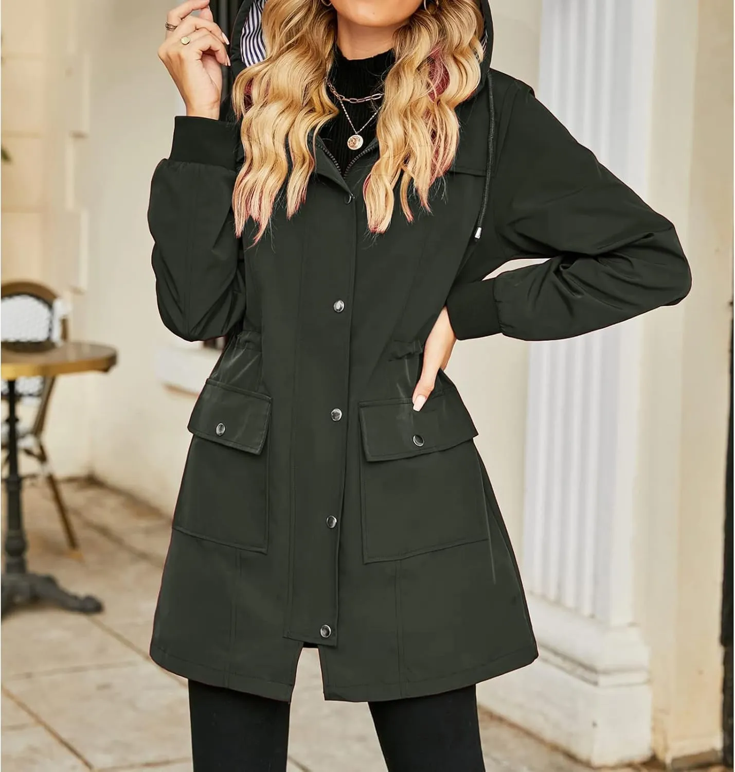 Rain Jacket Women Waterproof Lightweight Windbreaker Long Hooded Coats Outdoor Travel Jacket Waist Drawstring Coat