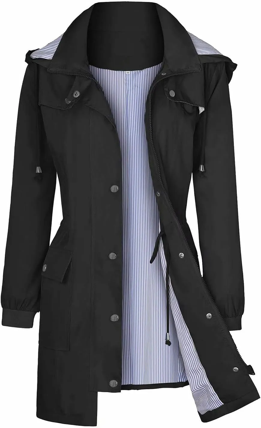 Rain Jacket Women Waterproof Lightweight Windbreaker Long Hooded Coats Outdoor Travel Jacket Waist Drawstring Coat