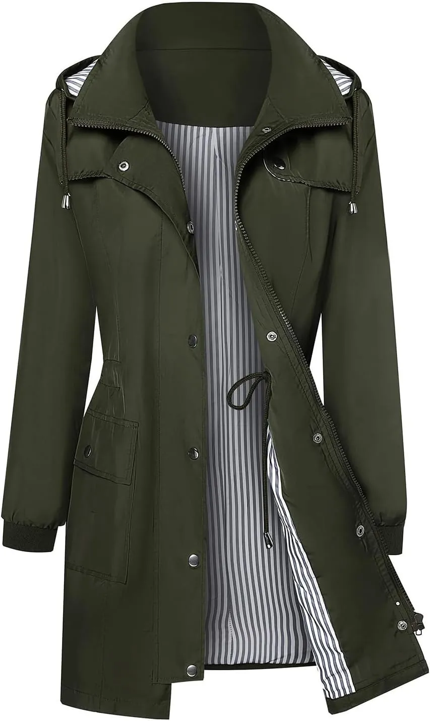 Rain Jacket Women Waterproof Lightweight Windbreaker Long Hooded Coats Outdoor Travel Jacket Waist Drawstring Coat