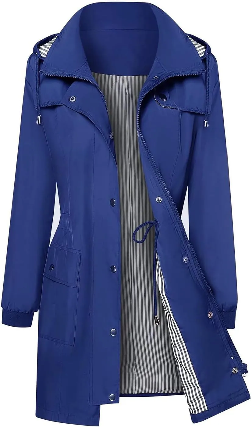 Rain Jacket Women Waterproof Lightweight Windbreaker Long Hooded Coats Outdoor Travel Jacket Waist Drawstring Coat