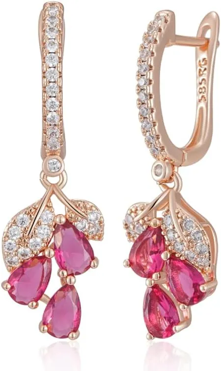 Rose Gold Plated Flower Dangle Earrings with Red Crystal Accents for Women
